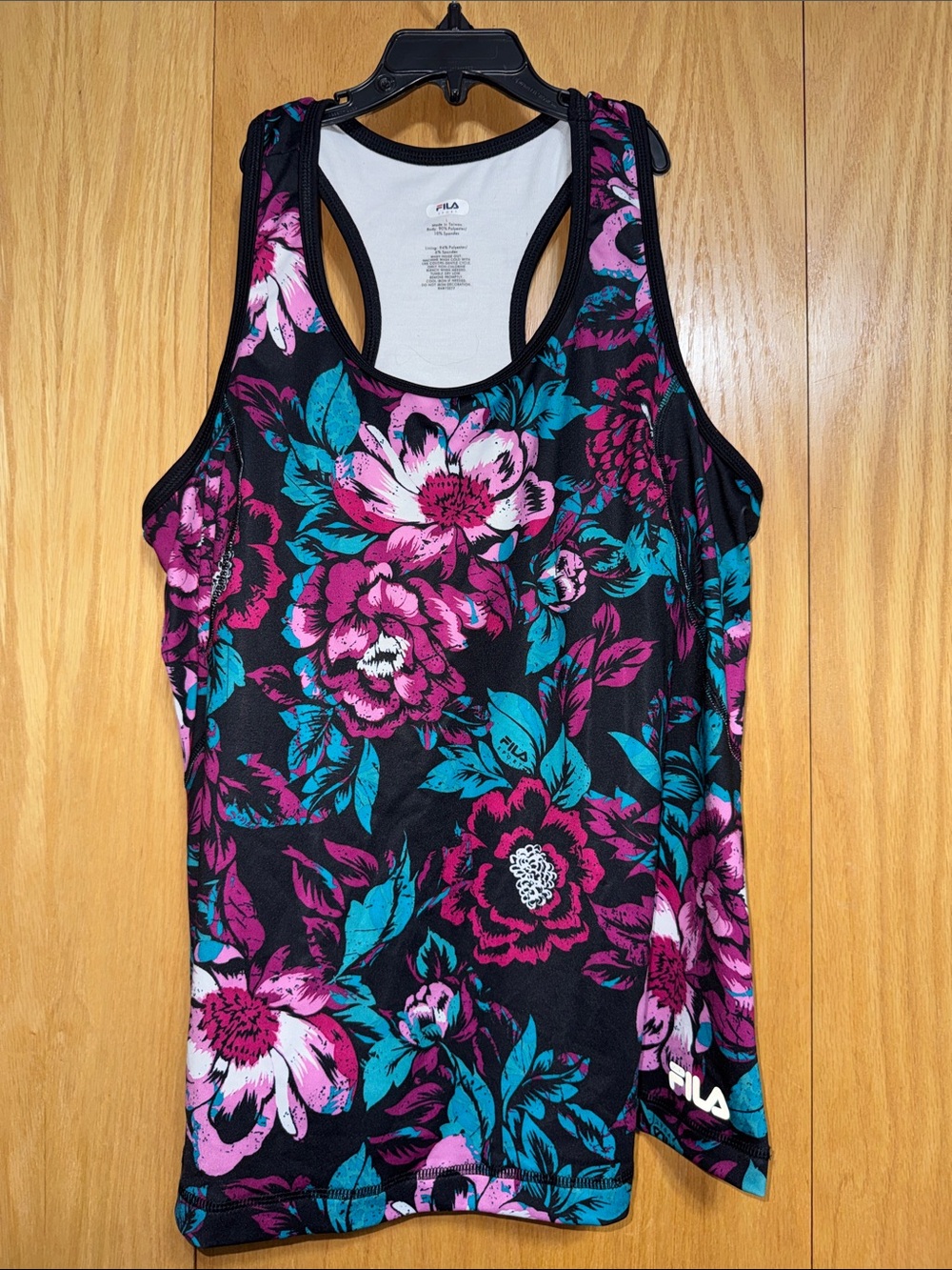Fila Black Floral Racerback Tank with Pink, Purple & Teal Accents